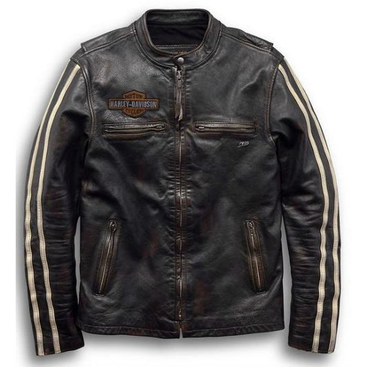 ハーレーダビッドソン　Harley Davidson メンズ　レザー　ジャケット ★　Men's Sleeve Stripe Slim Fit Leather Jacket　（サイズ　L）